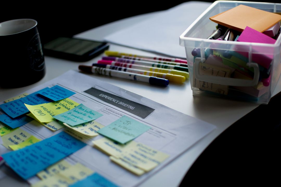 Workshop sticky notes used to represent design system alignment sessions